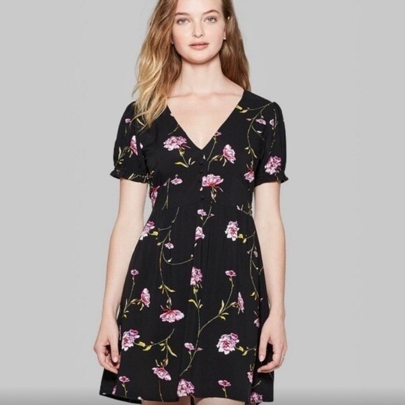 Black and pink floral aline button dress size XS - Picture 3 of 8